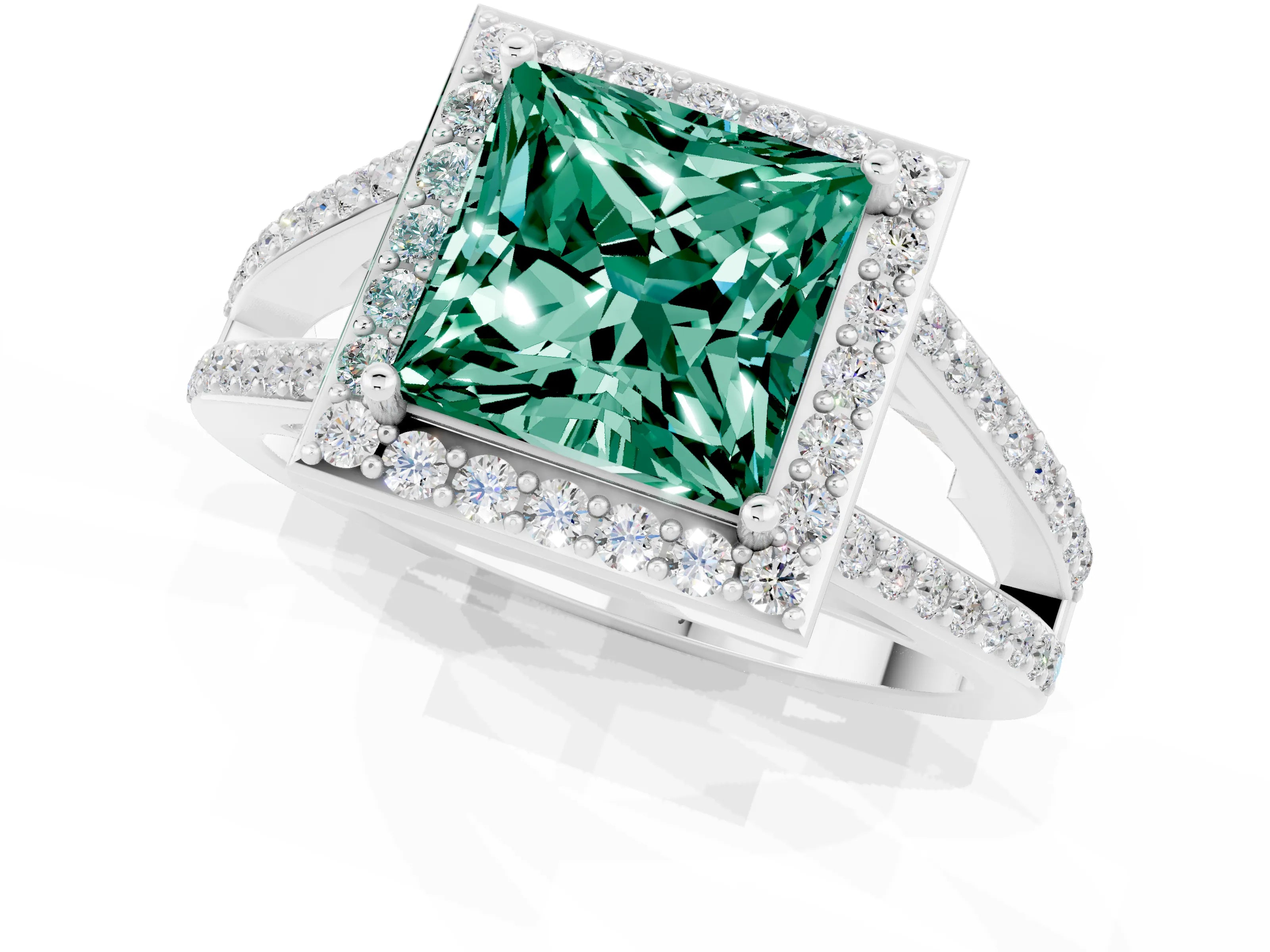 White gold Princess Cut Green Sapphire Halo Ring with Split Shank U-Prong Band and Four-Prong Setting_1
