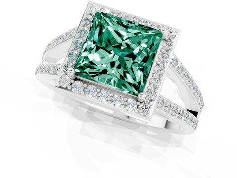 White gold Princess Cut Green Sapphire Halo Ring with Split Shank U-Prong Band and Four-Prong Setting_1