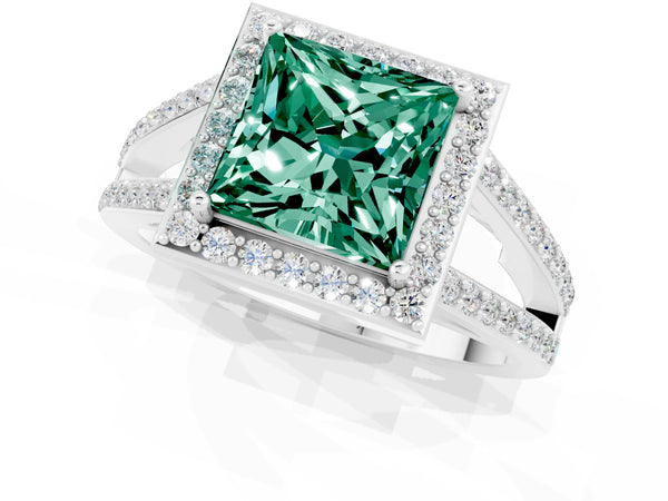 Silver Princess Cut Green Sapphire Halo Ring with Split Shank U-Prong Band and Four-Prong Setting