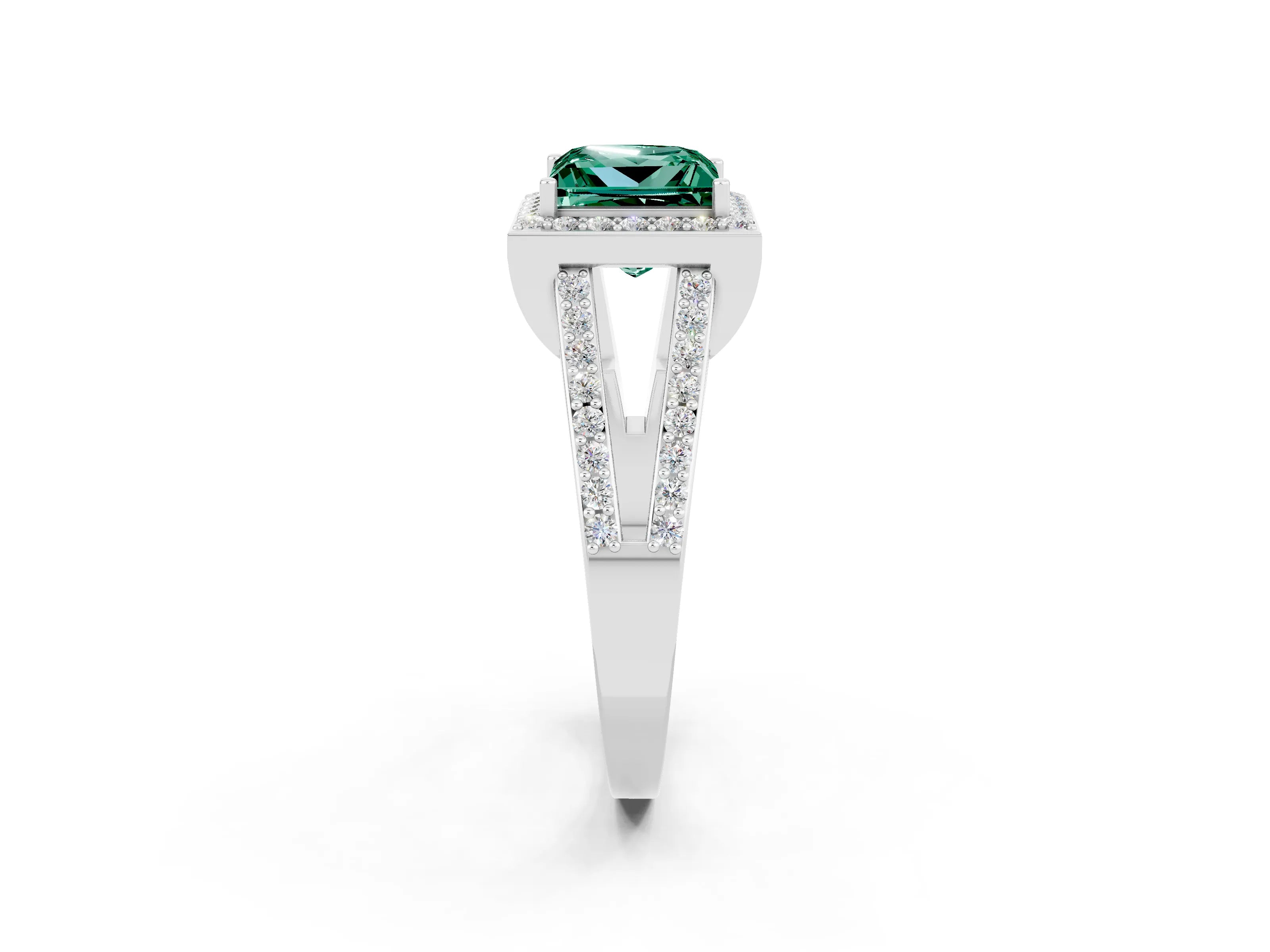 White gold Princess Cut Green Sapphire Halo Ring with Split Shank U-Prong Band and Four-Prong Setting_2