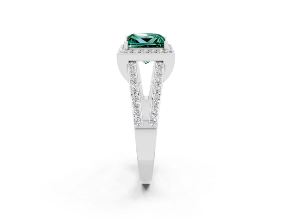 Platinum Princess Cut Green Sapphire Halo Ring with Split Shank U-Prong Band and Four-Prong Setting