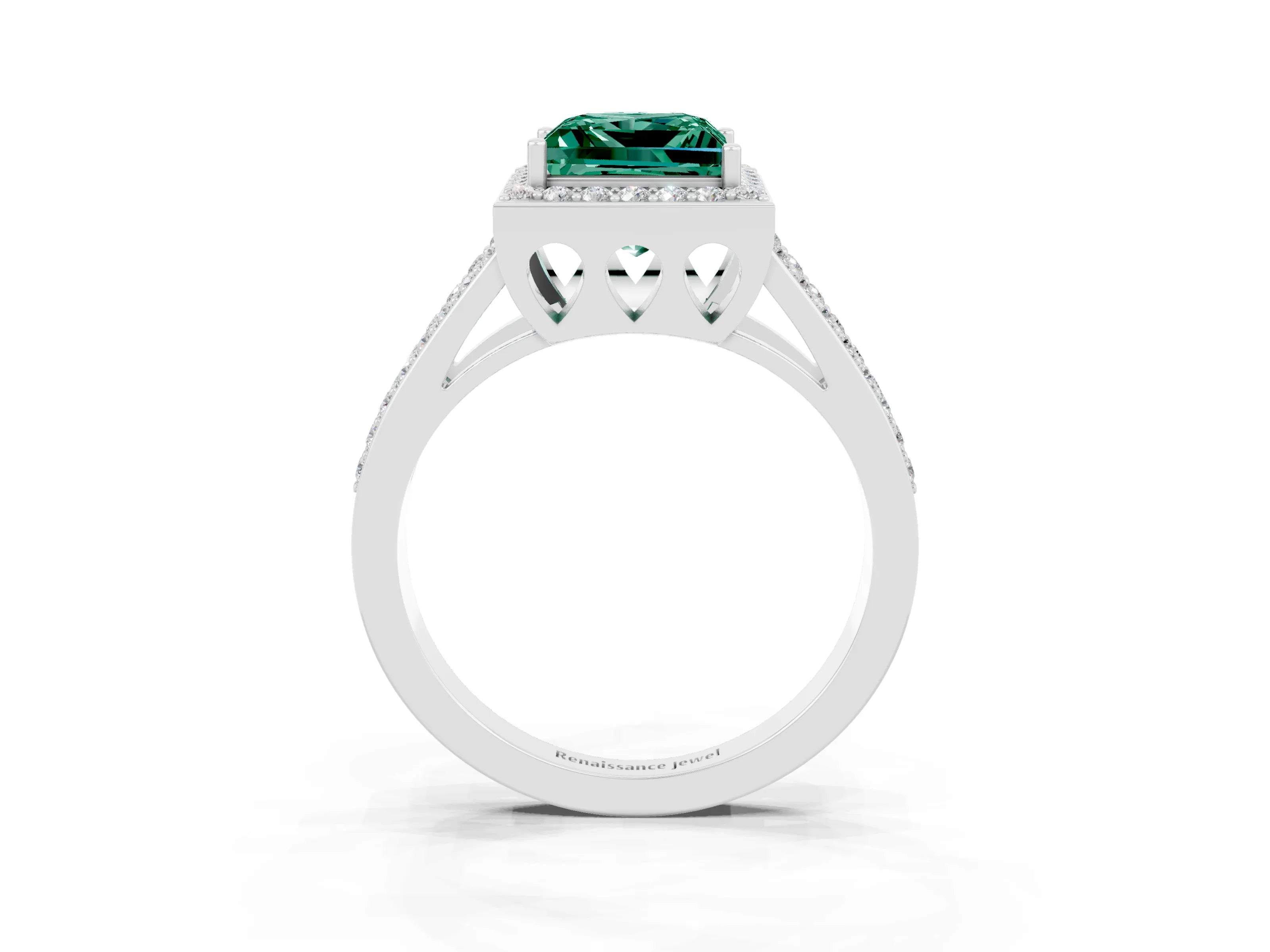 White gold Princess Cut Green Sapphire Halo Ring with Split Shank U-Prong Band and Four-Prong Setting_3
