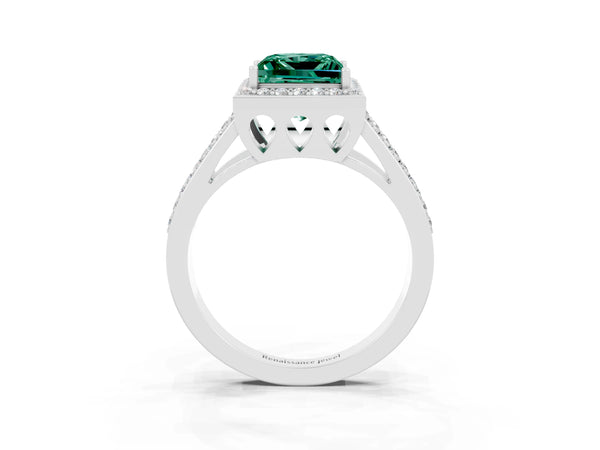 Silver Princess Cut Green Sapphire Halo Ring with Split Shank U-Prong Band and Four-Prong Setting