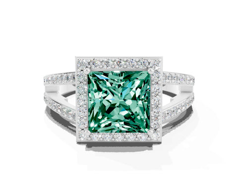 White gold Princess Cut Green Sapphire Halo Ring with Split Shank U-Prong Band and Four-Prong Setting