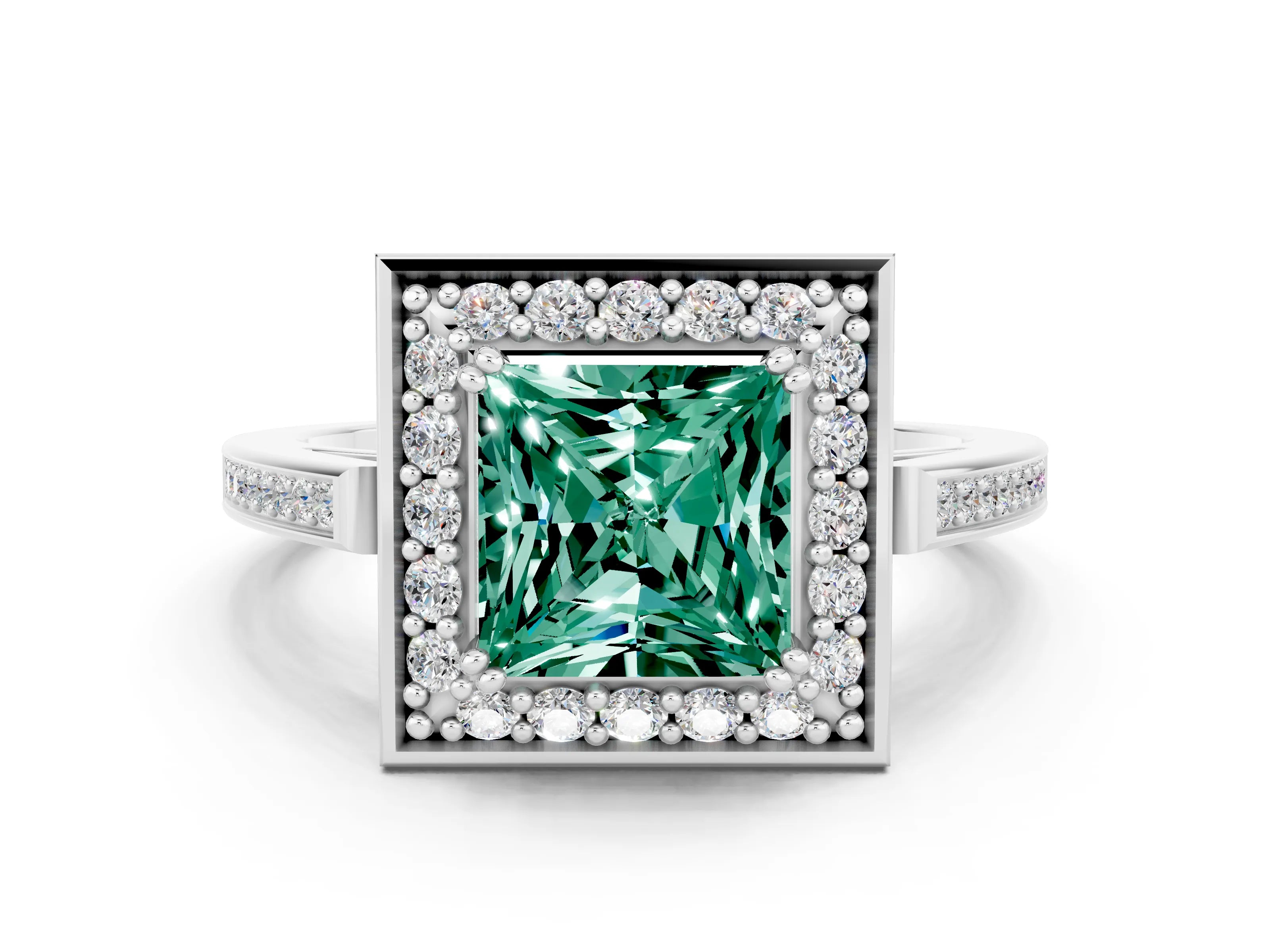 White gold Princess Cut Green Sapphire Halo Ring with Split Shank and Four-Prong Setting_12