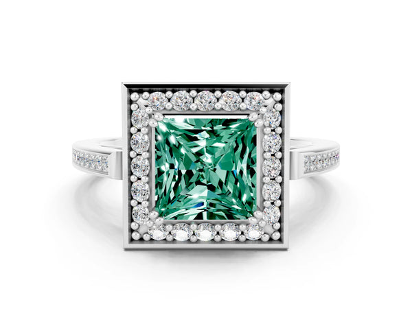 Silver Princess Cut Green Sapphire Halo Ring with Split Shank and Four-Prong Setting