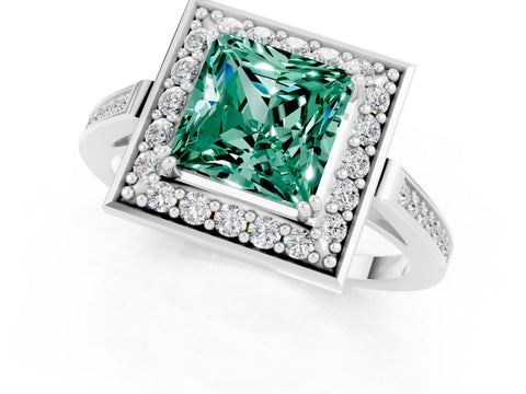 White gold Princess Cut Green Sapphire Halo Ring with Split Shank and Four-Prong Setting_13
