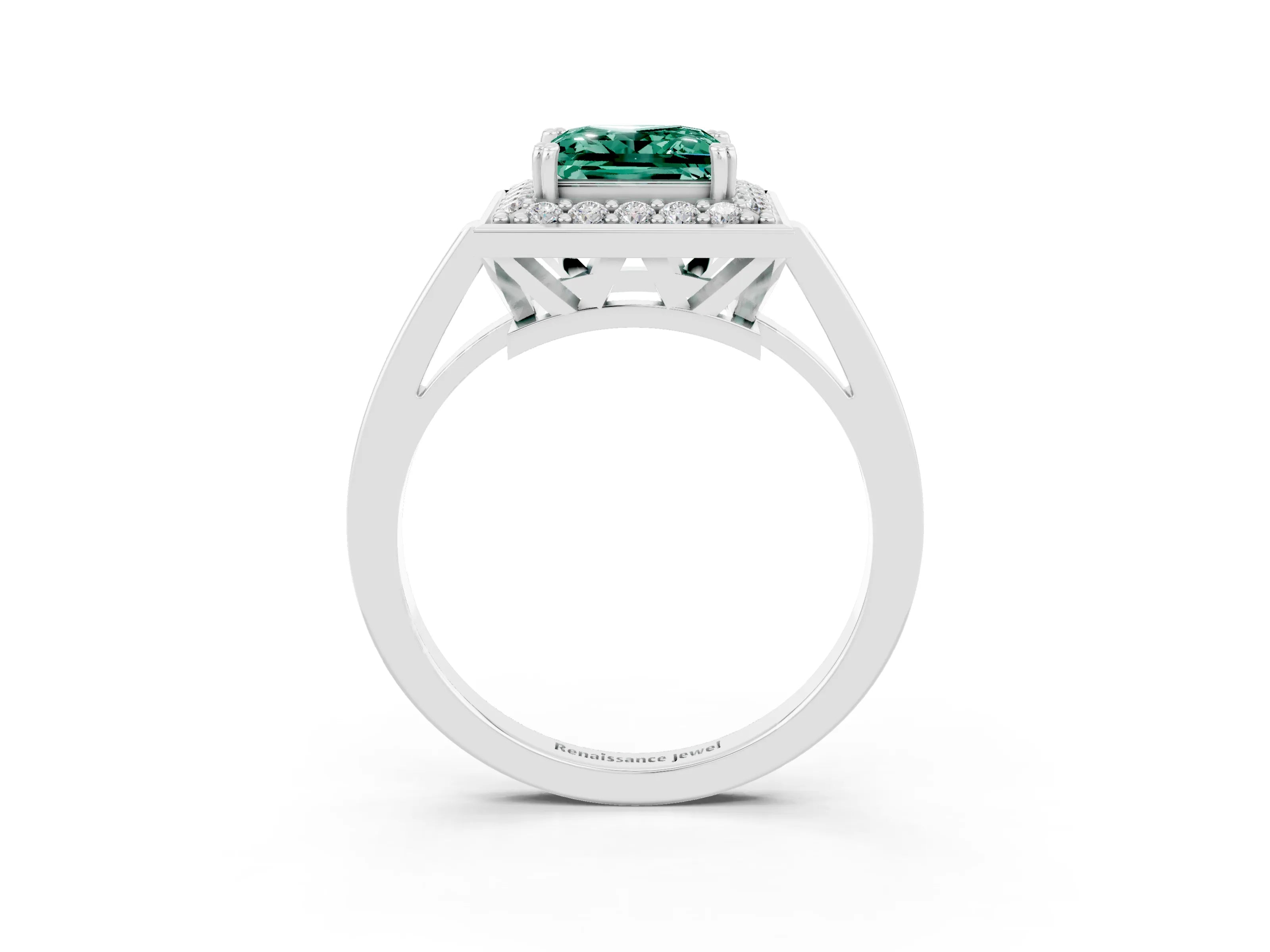 White gold Princess Cut Green Sapphire Halo Ring with Split Shank and Four-Prong Setting_15