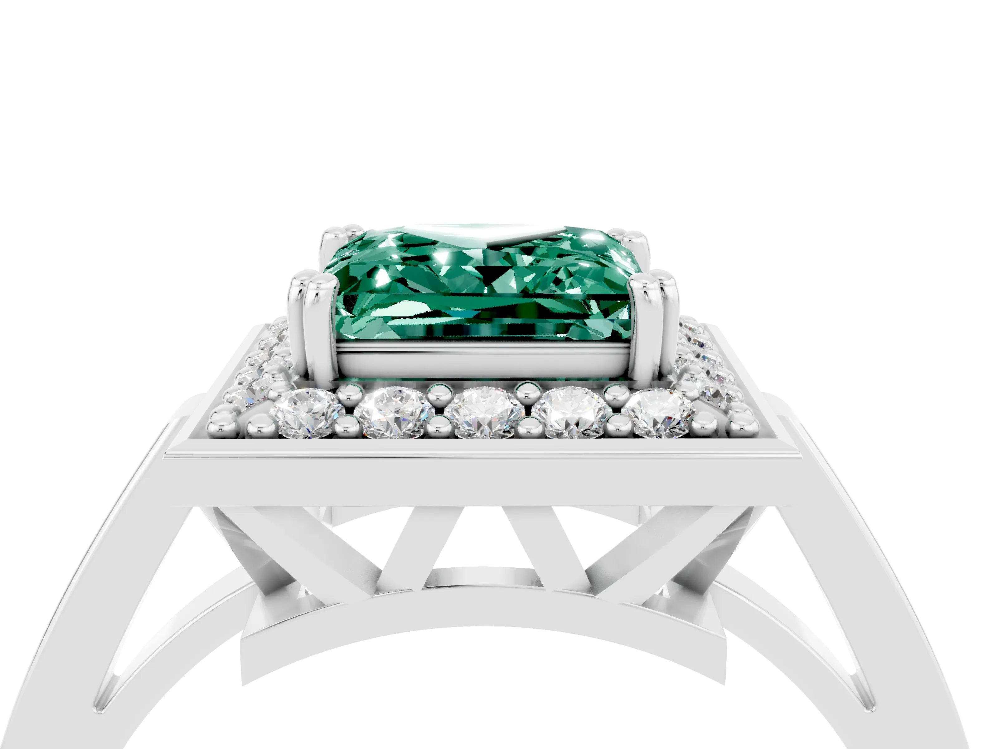White gold Princess Cut Green Sapphire Halo Ring with Split Shank and Four-Prong Setting_16
