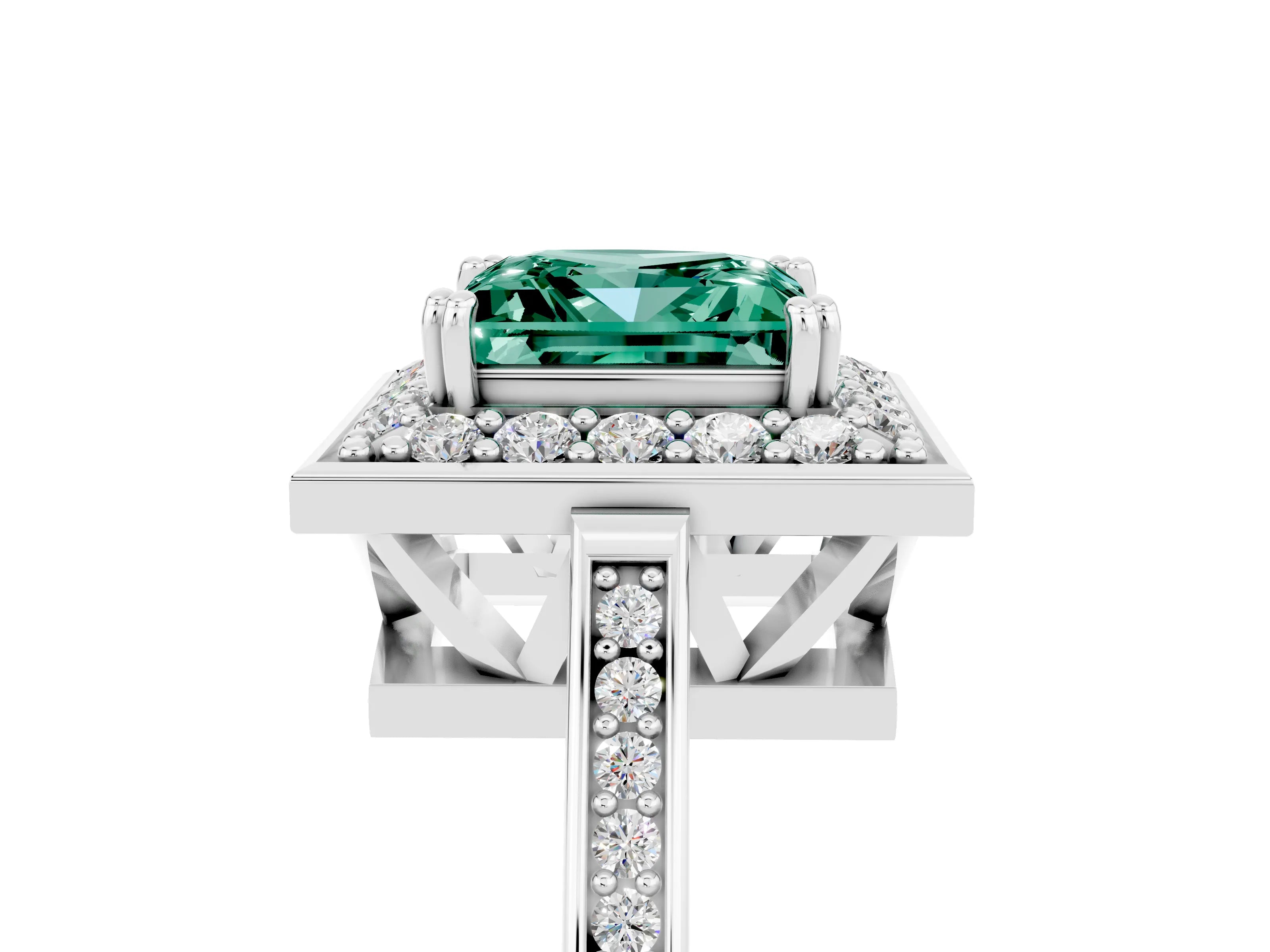 White gold Princess Cut Green Sapphire Halo Ring with Split Shank and Four-Prong Setting_17