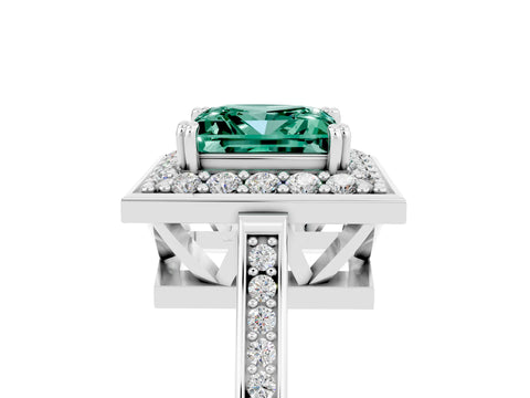 White gold Princess Cut Green Sapphire Halo Ring with Split Shank and Four-Prong Setting_17