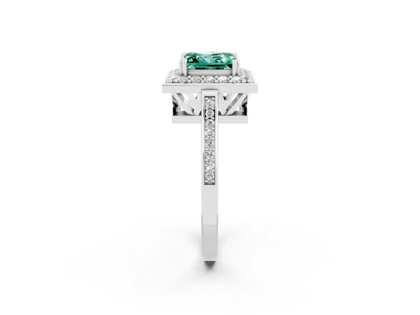 White gold Princess Cut Green Sapphire Halo Ring with Split Shank and Four-Prong Setting