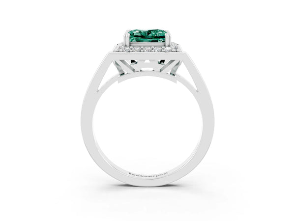 White gold Princess Cut Green Sapphire Halo Ring with Split Shank and Four-Prong Setting