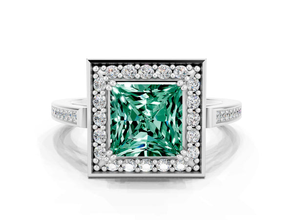Platinum Princess Cut Green Sapphire Halo Ring with Split Shank and Four-Prong Setting