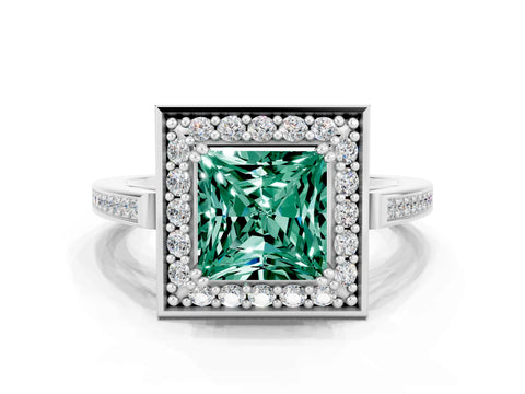 White gold Princess Cut Green Sapphire Halo Ring with Split Shank and Four-Prong Setting_24