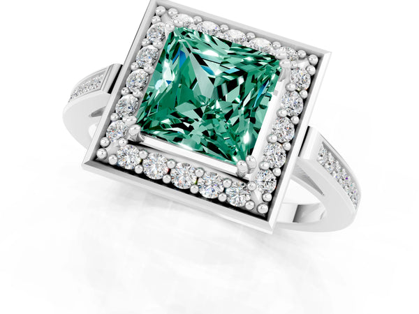 Platinum Princess Cut Green Sapphire Halo Ring with Split Shank and Four-Prong Setting