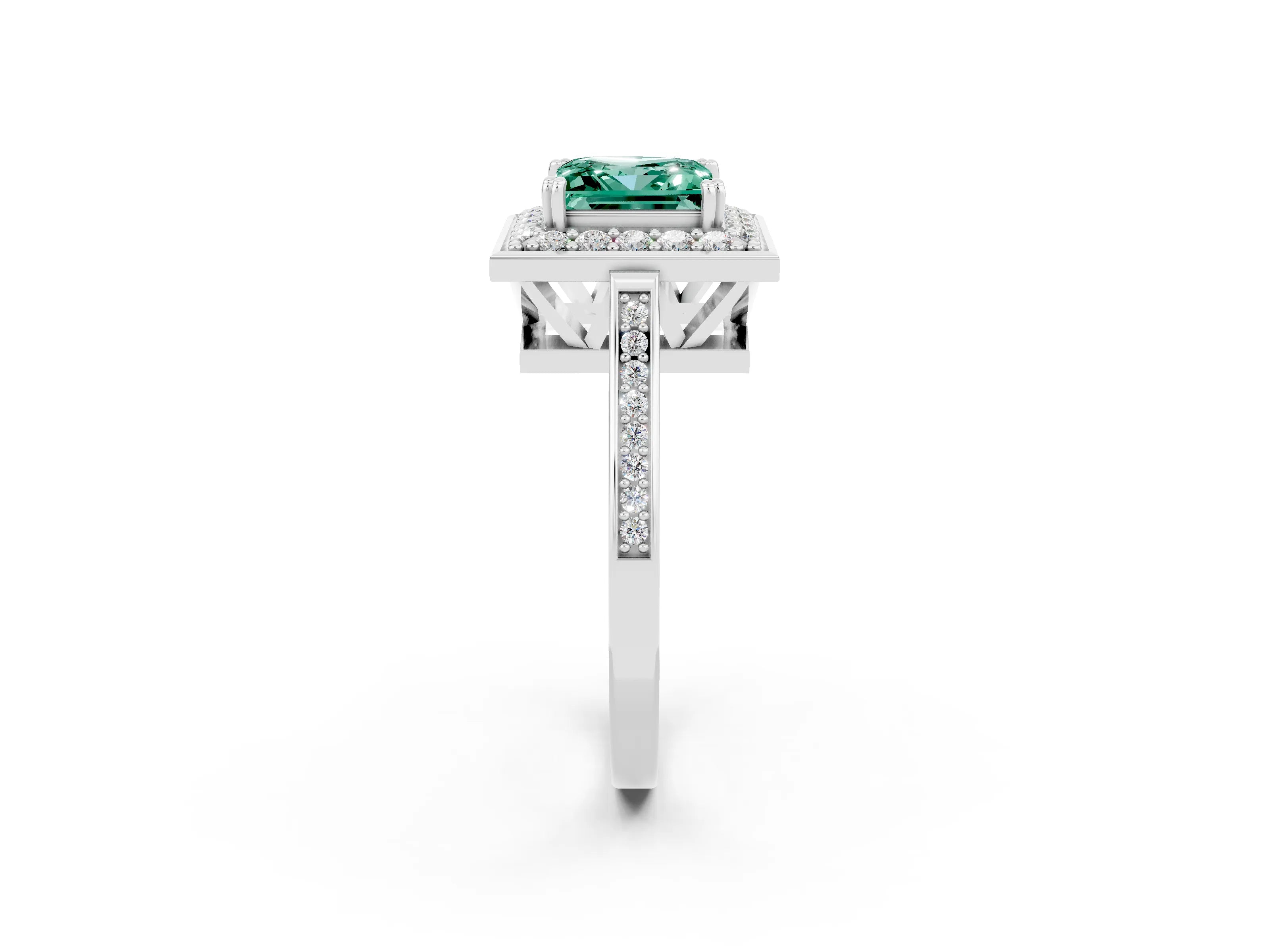 White gold Princess Cut Green Sapphire Halo Ring with Split Shank and Four-Prong Setting_26
