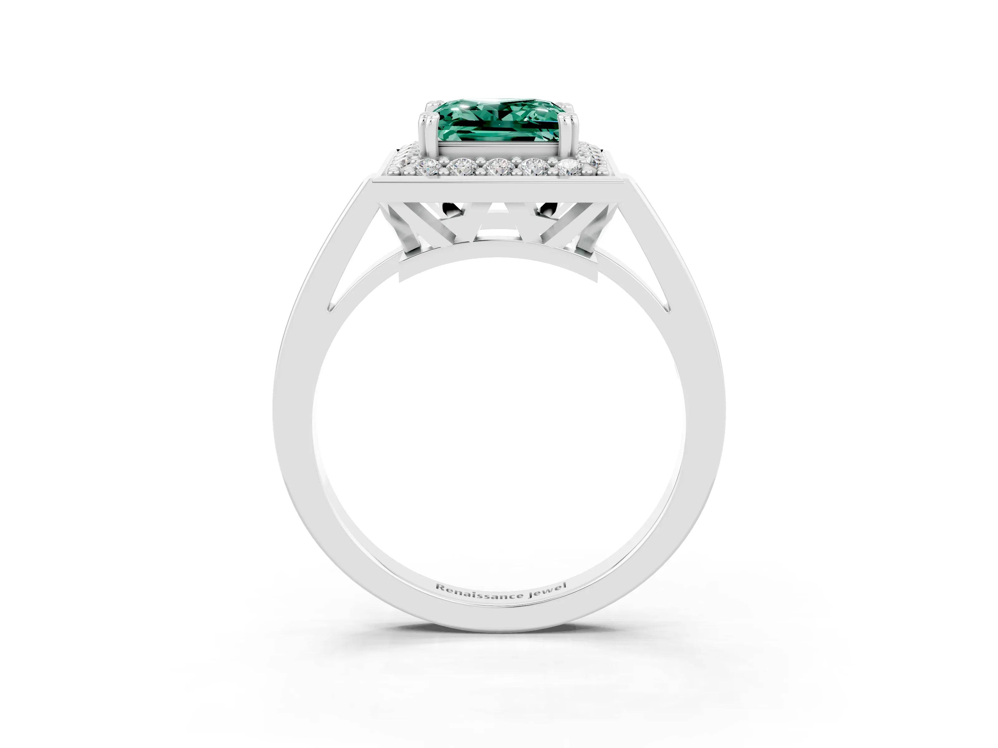 White gold Princess Cut Green Sapphire Halo Ring with Split Shank and Four-Prong Setting_27