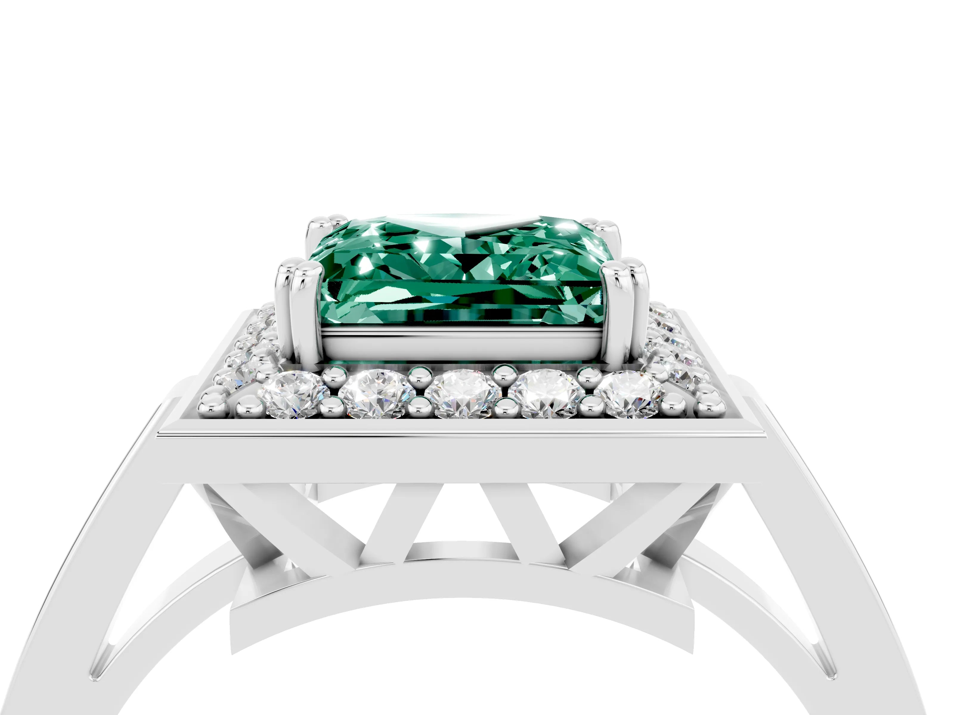White gold Princess Cut Green Sapphire Halo Ring with Split Shank and Four-Prong Setting_28