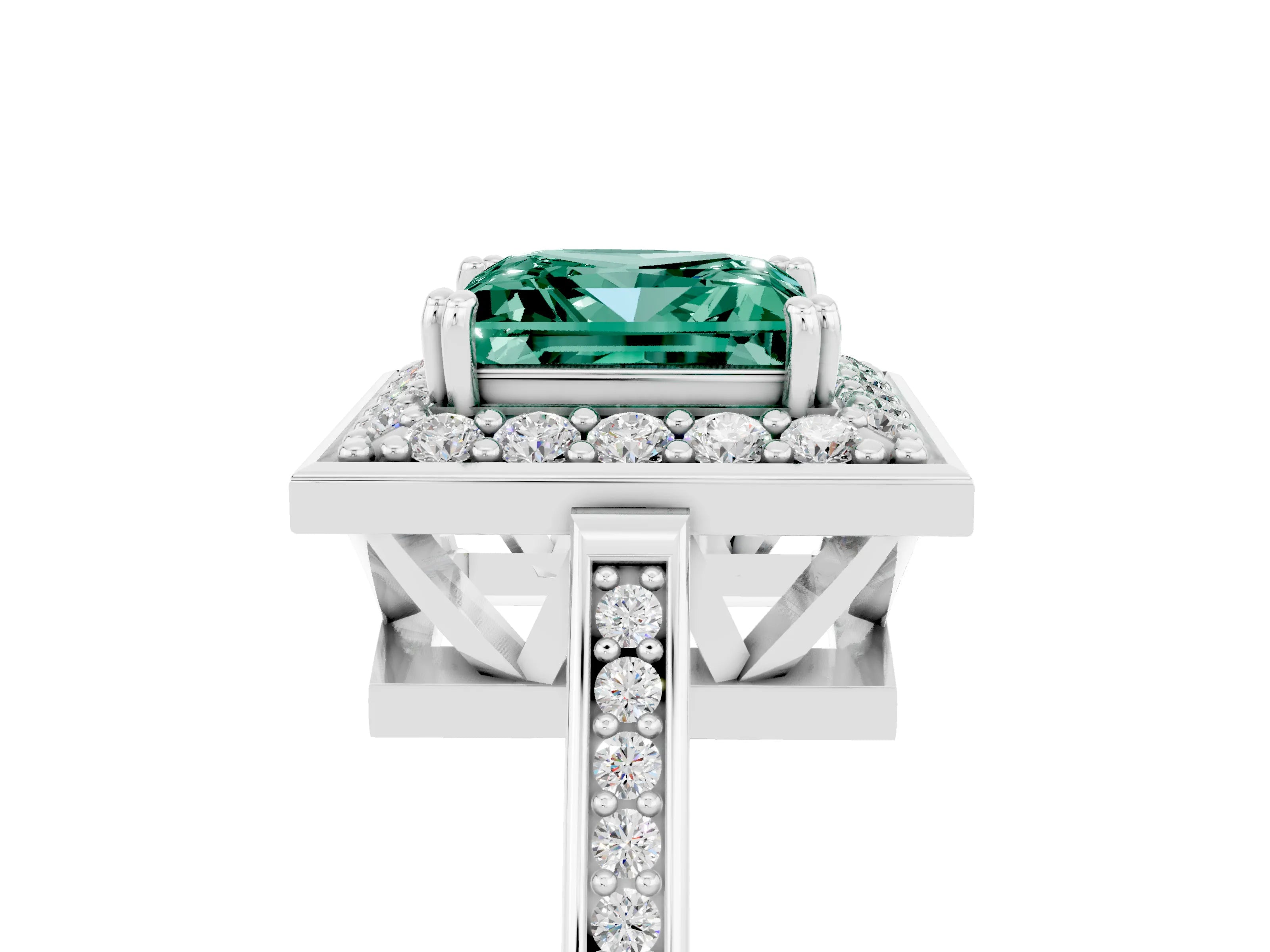White gold Princess Cut Green Sapphire Halo Ring with Split Shank and Four-Prong Setting_29