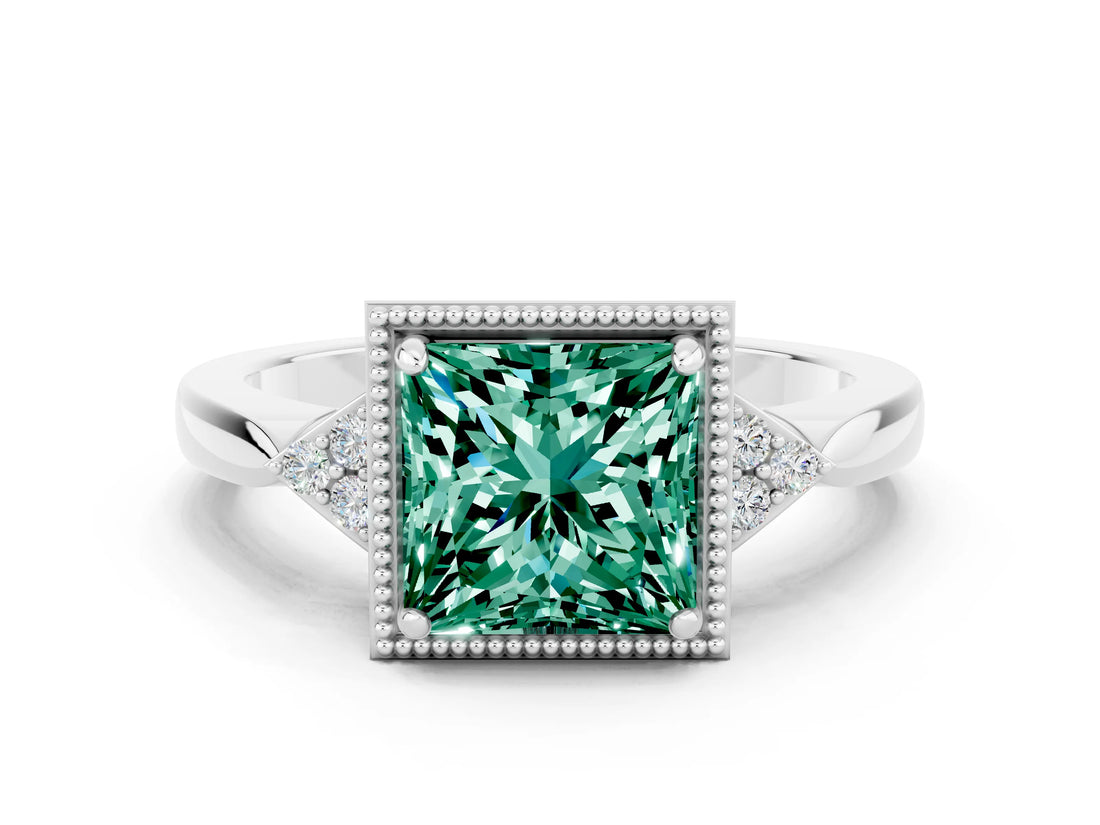 White gold Princess Cut Green Sapphire Halo Ring with Tapered Band and Four-Prong Setting
