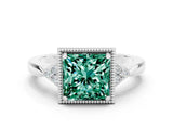 White gold Princess Cut Green Sapphire Halo Ring with Tapered Band and Four-Prong Setting
