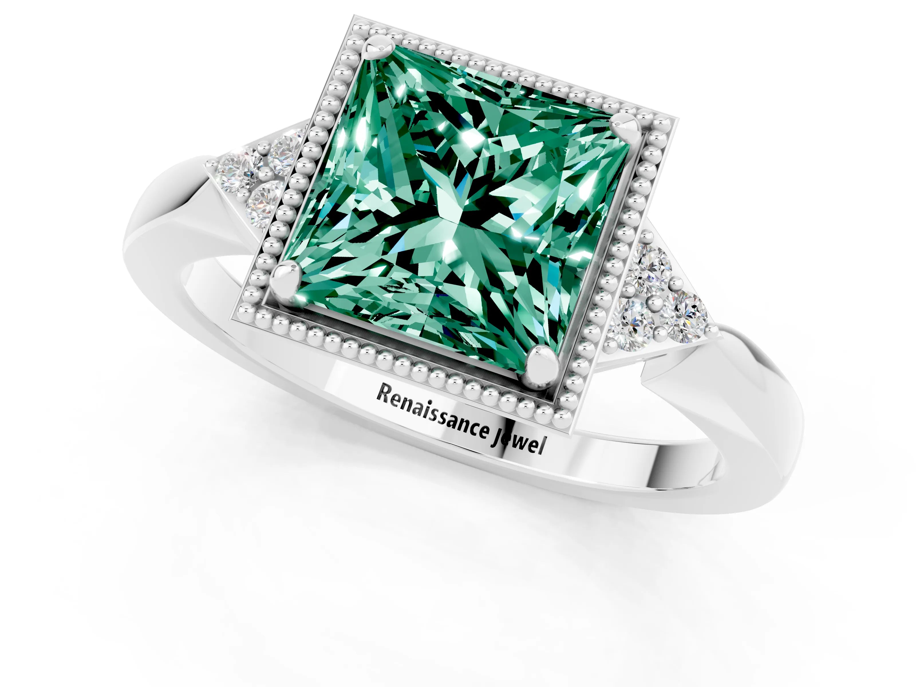 White gold Princess Cut Green Sapphire Halo Ring with Tapered Band and Four-Prong Setting_1
