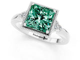 White gold Princess Cut Green Sapphire Halo Ring with Tapered Band and Four-Prong Setting_1