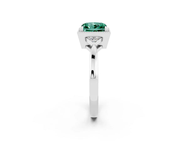 Platinum Princess Cut Green Sapphire Halo Ring with Tapered Band and Four-Prong Setting