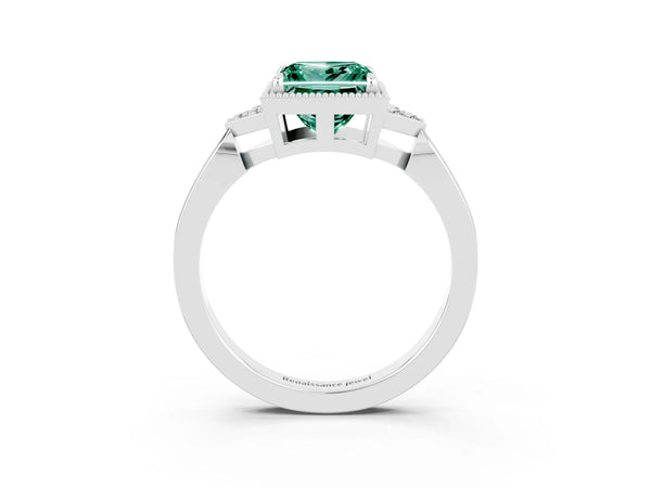 Silver Princess Cut Green Sapphire Halo Ring with Tapered Band and Four-Prong Setting