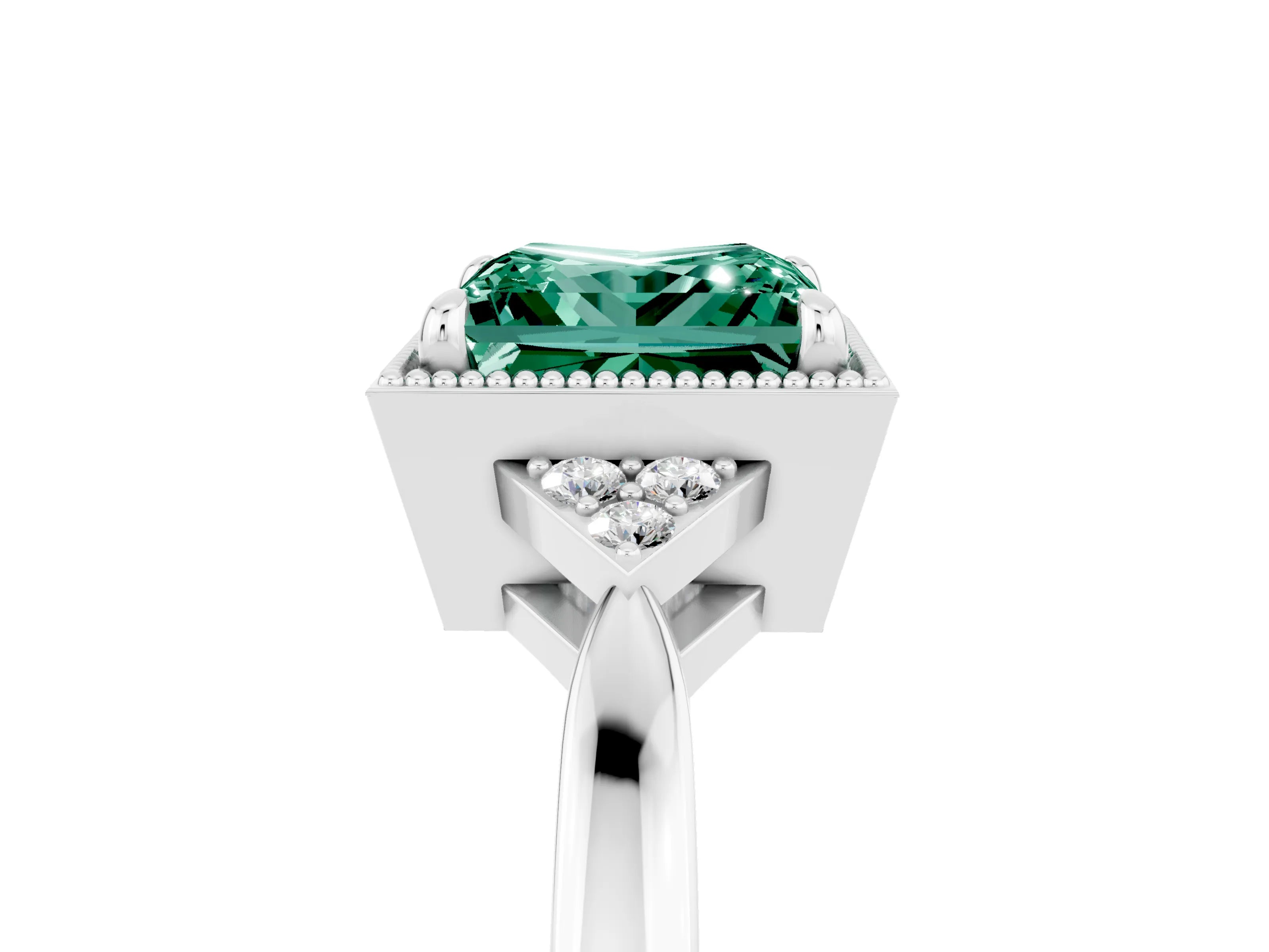 White gold Princess Cut Green Sapphire Halo Ring with Tapered Band and Four-Prong Setting_5