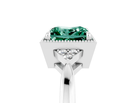 White gold Princess Cut Green Sapphire Halo Ring with Tapered Band and Four-Prong Setting_5