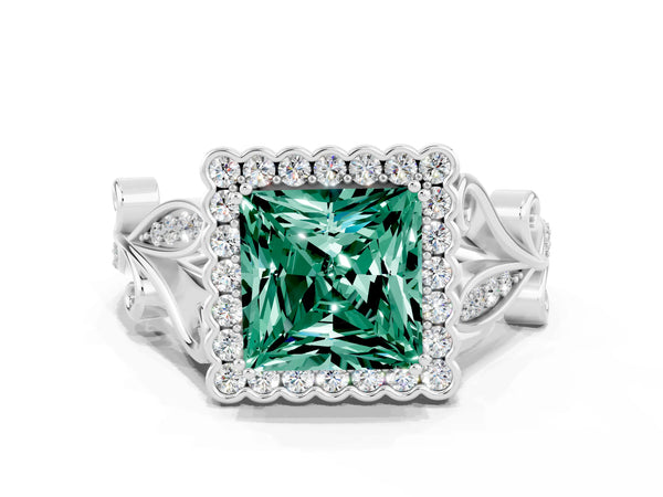 Platinum Princess Cut Green Sapphire Halo Ring with Vintage Split Shank and Four-Prong Setting