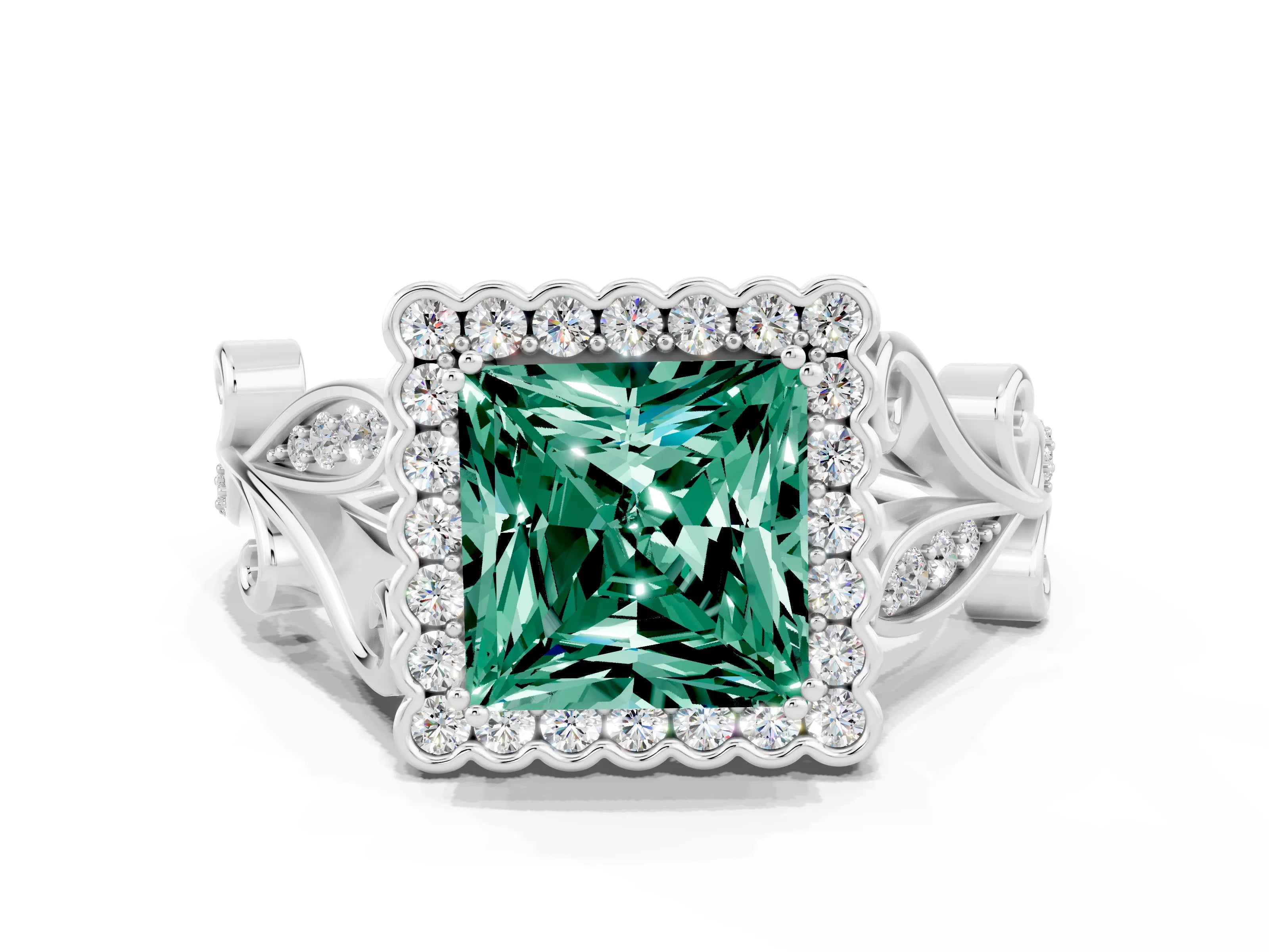 White gold Princess Cut Green Sapphire Halo Ring with Vintage Split Shank and Four-Prong Setting_24