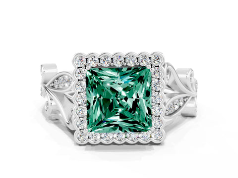 White gold Princess Cut Green Sapphire Halo Ring with Vintage Split Shank and Four-Prong Setting_24