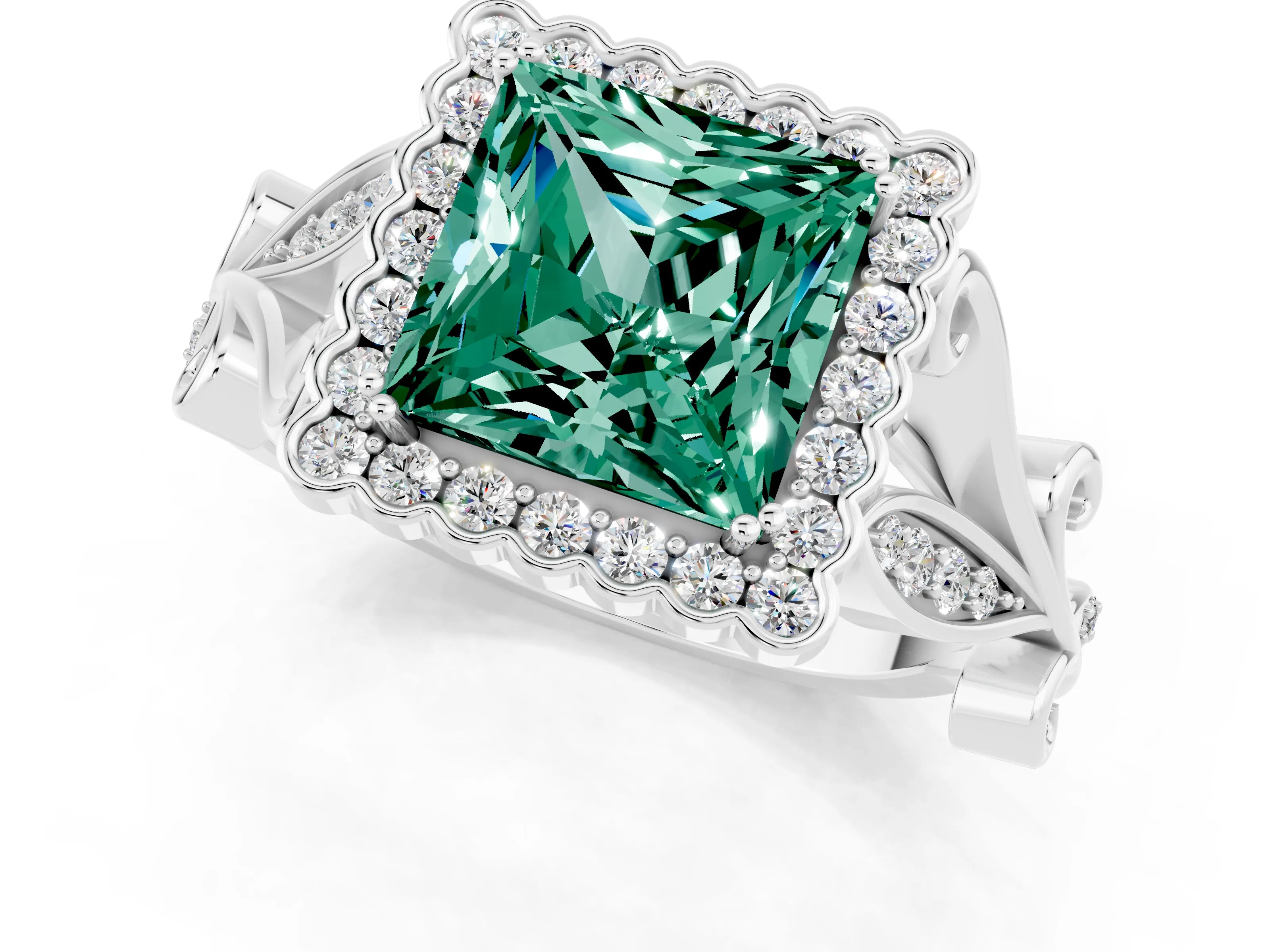 White gold Princess Cut Green Sapphire Halo Ring with Vintage Split Shank and Four-Prong Setting_25
