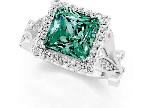 White gold Princess Cut Green Sapphire Halo Ring with Vintage Split Shank and Four-Prong Setting