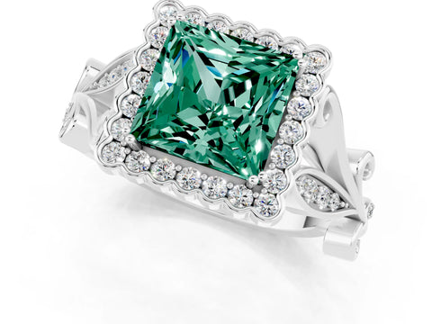 White gold Princess Cut Green Sapphire Halo Ring with Vintage Split Shank and Four-Prong Setting_25