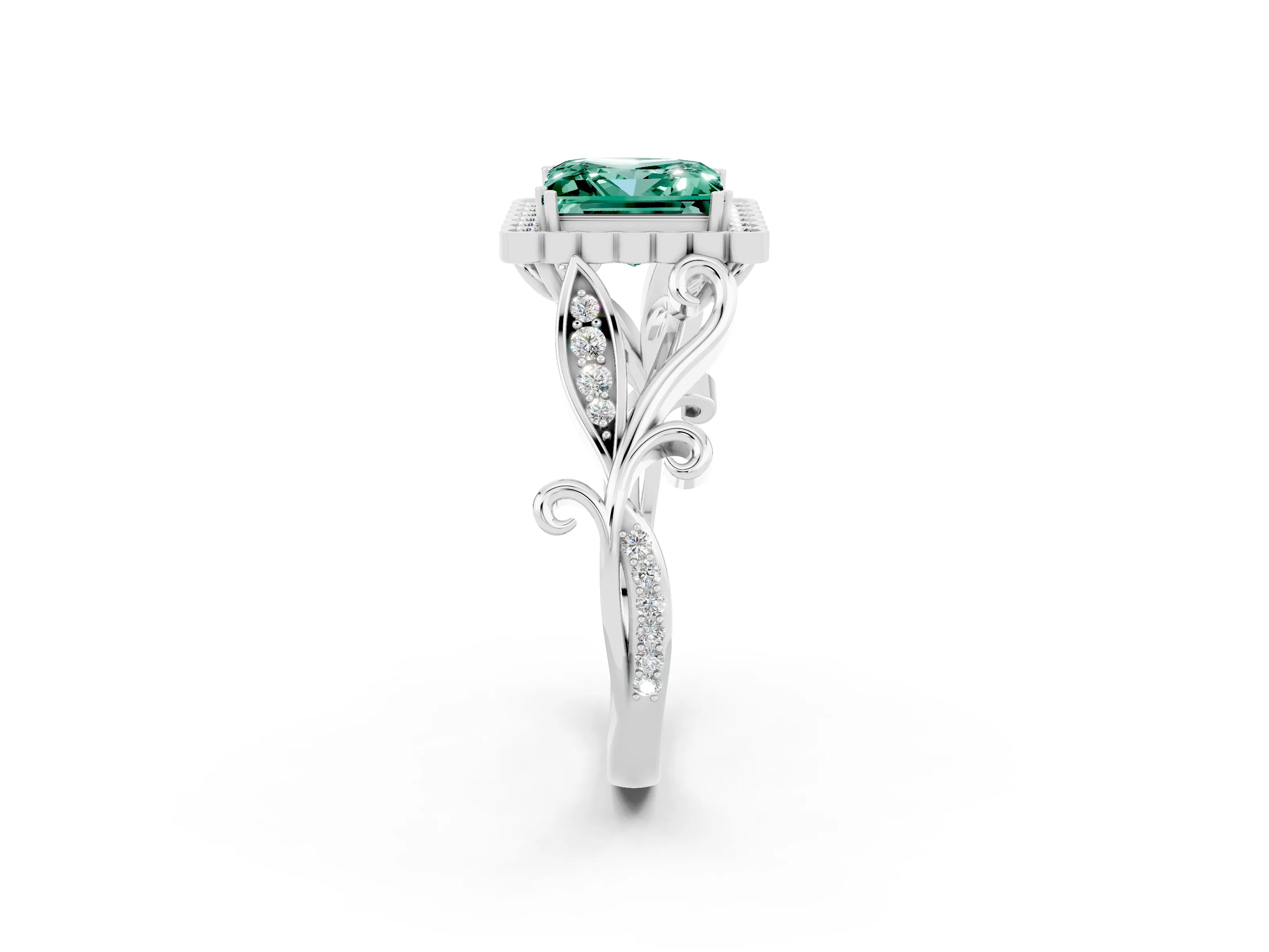 White gold Princess Cut Green Sapphire Halo Ring with Vintage Split Shank and Four-Prong Setting_26