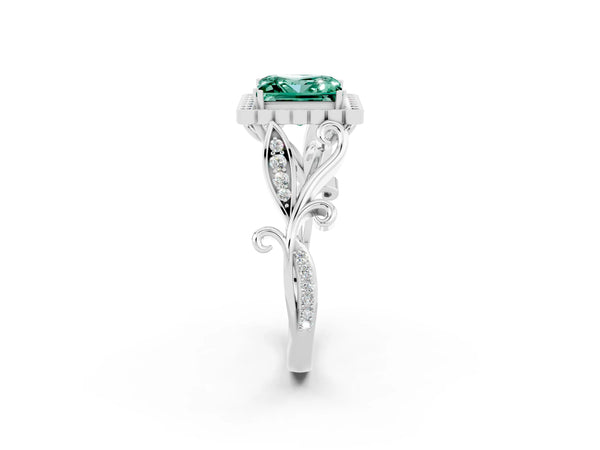 Platinum Princess Cut Green Sapphire Halo Ring with Vintage Split Shank and Four-Prong Setting