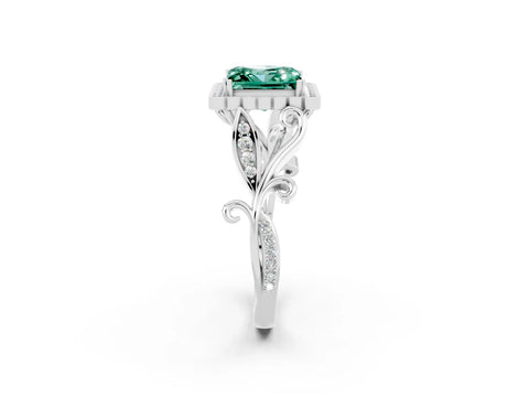 White gold Princess Cut Green Sapphire Halo Ring with Vintage Split Shank and Four-Prong Setting_26