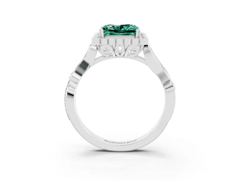 White gold Princess Cut Green Sapphire Halo Ring with Vintage Split Shank and Four-Prong Setting_27