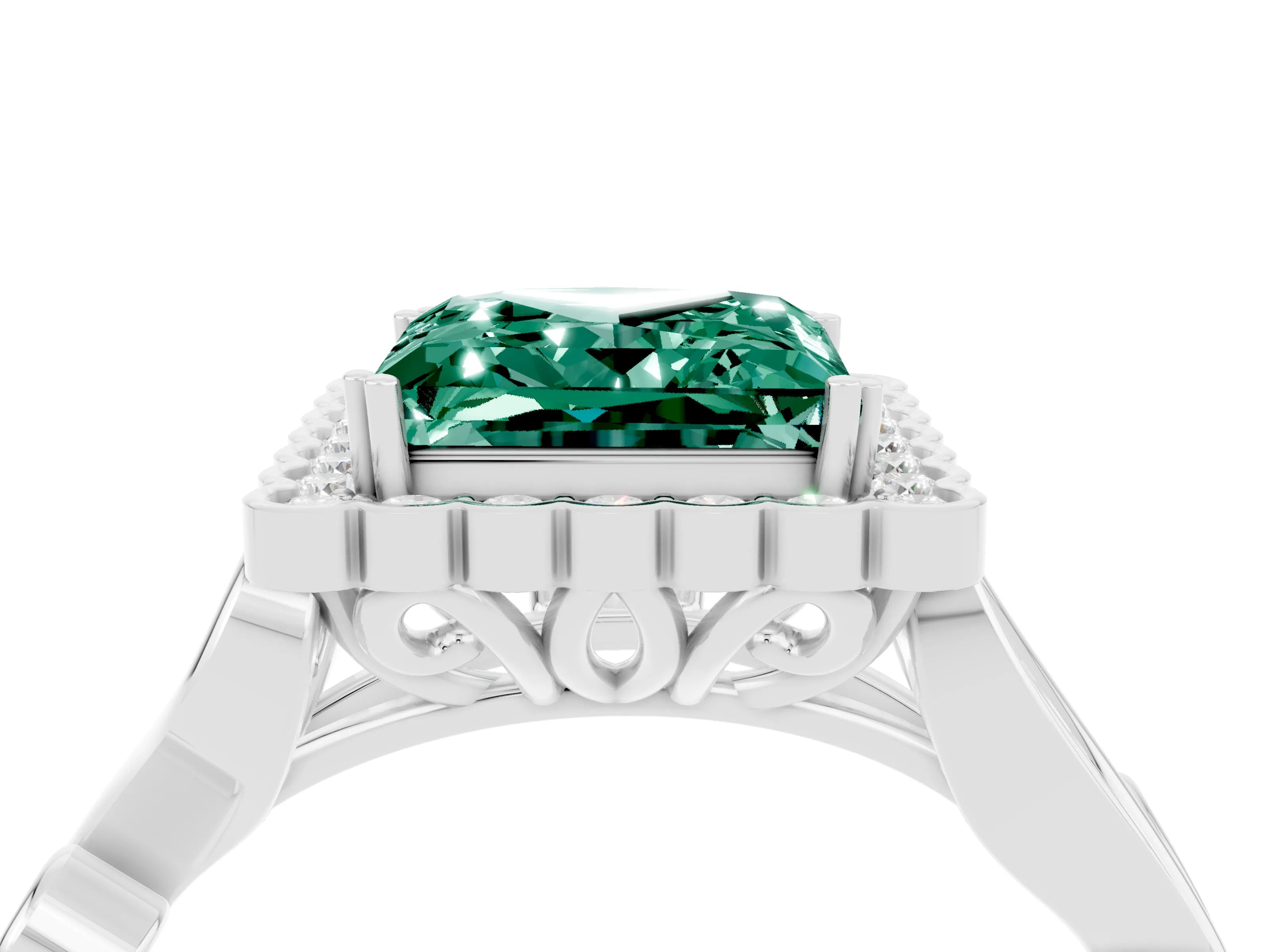 White gold Princess Cut Green Sapphire Halo Ring with Vintage Split Shank and Four-Prong Setting_28