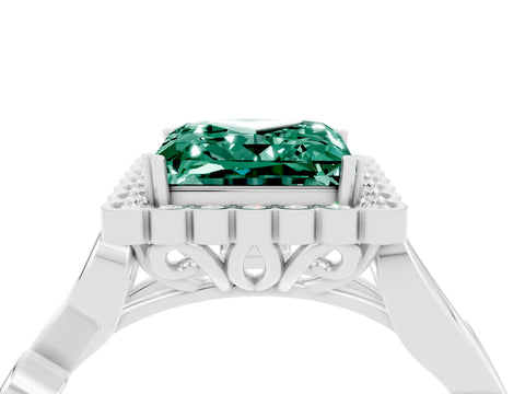 White gold Princess Cut Green Sapphire Halo Ring with Vintage Split Shank and Four-Prong Setting_28