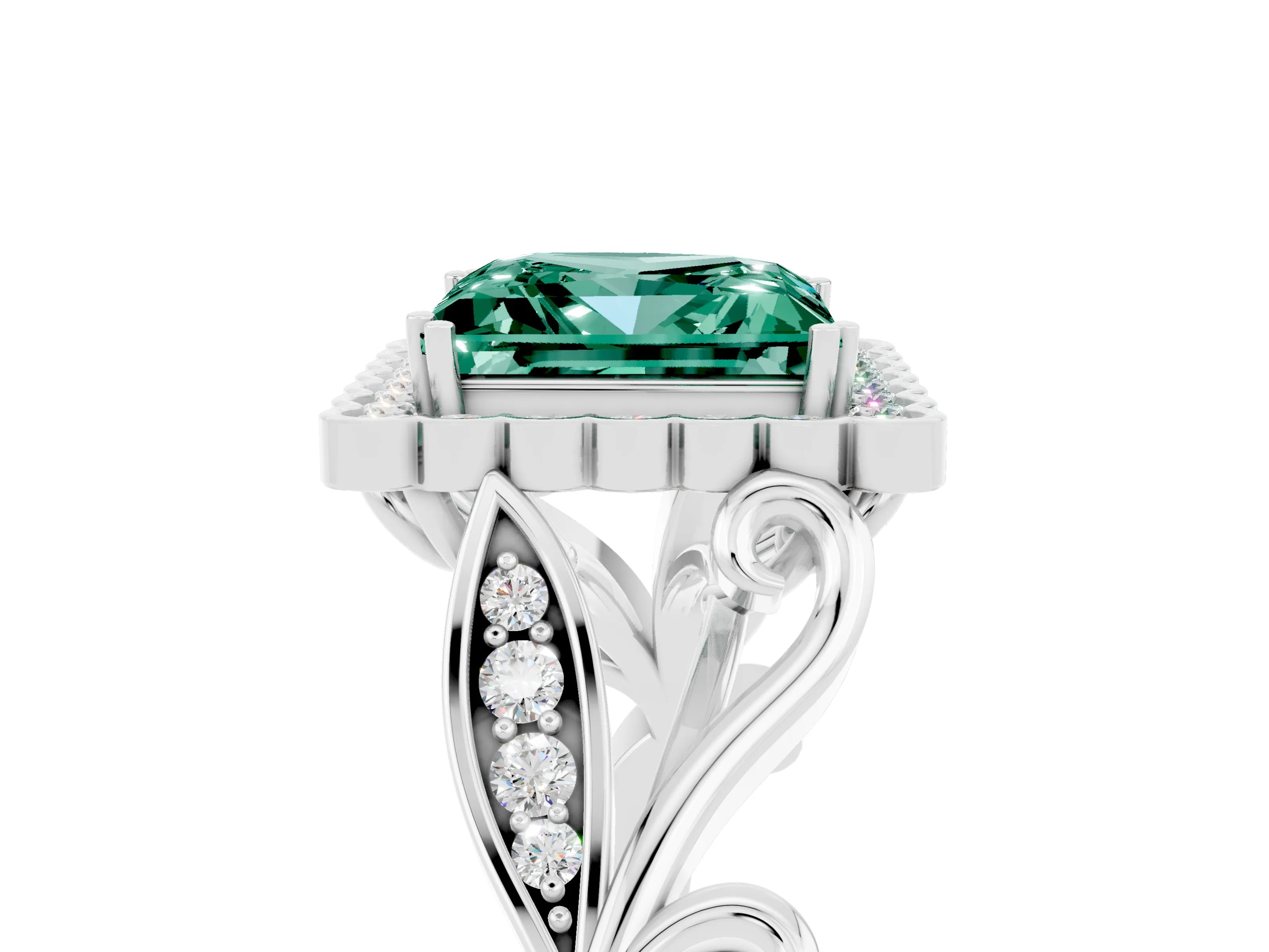 White gold Princess Cut Green Sapphire Halo Ring with Vintage Split Shank and Four-Prong Setting_29