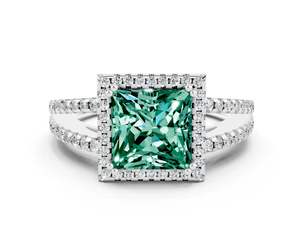 Platinum Princess Cut Green Sapphire Halo Split Shank Engagement Ring