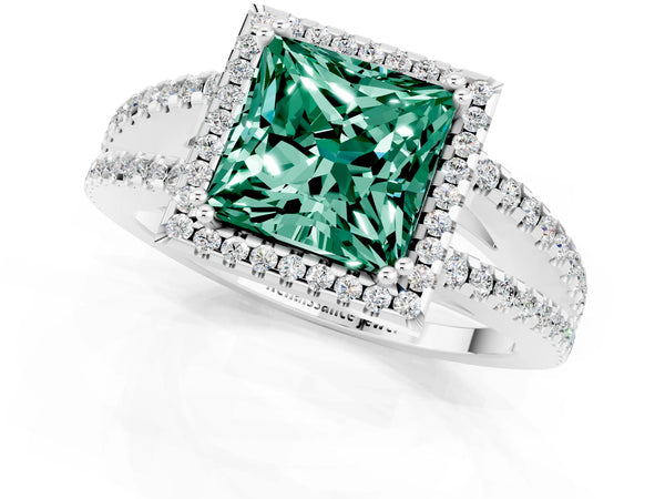 Platinum Princess Cut Green Sapphire Halo Split Shank Engagement Ring