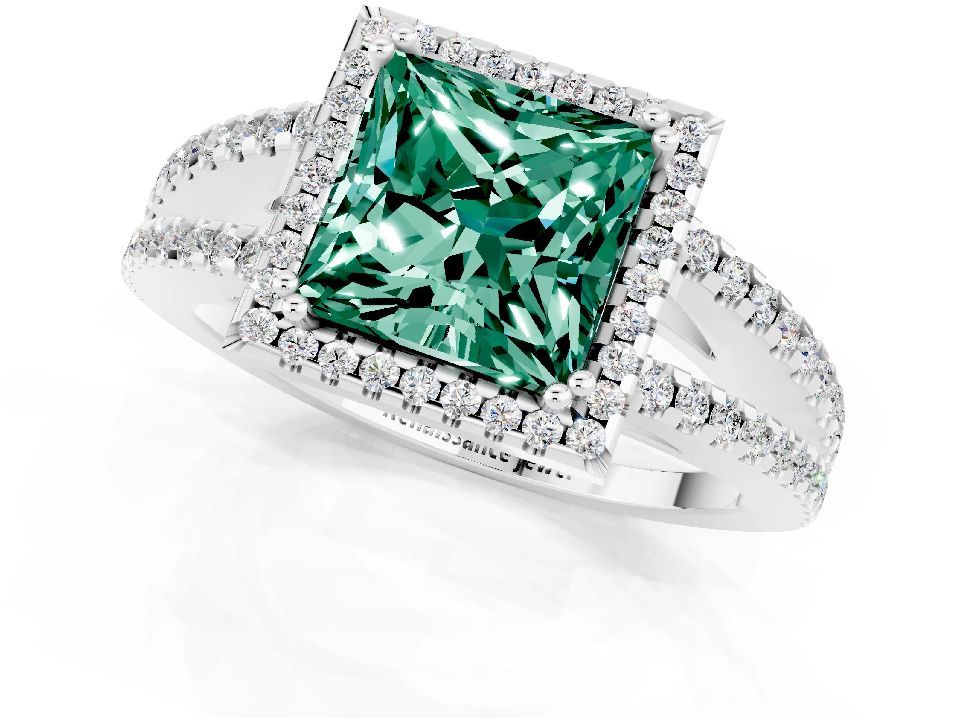White gold Princess Cut Green Sapphire Halo Split Shank Engagement Ring_13