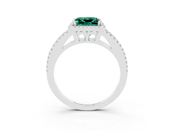Silver Princess Cut Green Sapphire Halo Split Shank Engagement Ring