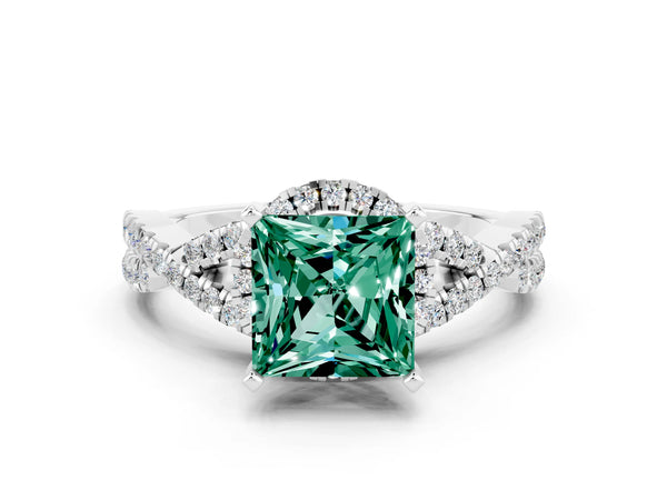 Platinum Princess Cut Green Sapphire  Halo Twist Band Solitaire Prong Setting Ring